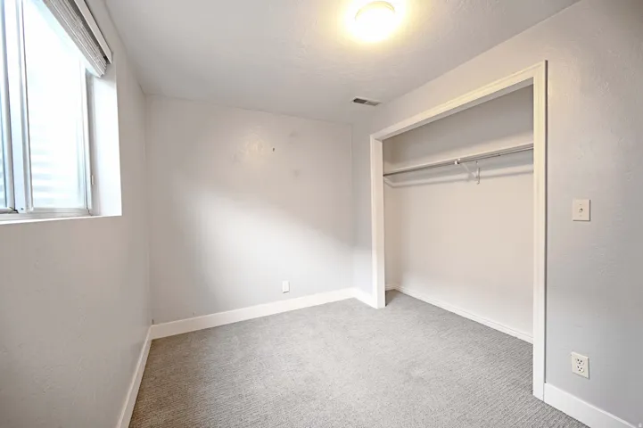 Wall-to-wall carpeting, window with horizontal blinds, built-in closet with hanging rod, and ceiling-mounted light fixture