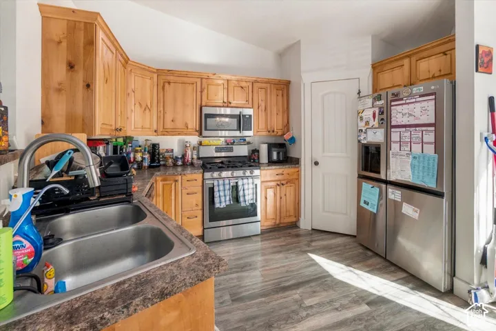 Wood-finish cabinetry, stainless steel appliances, dual basin sink, and wood-finish flooring