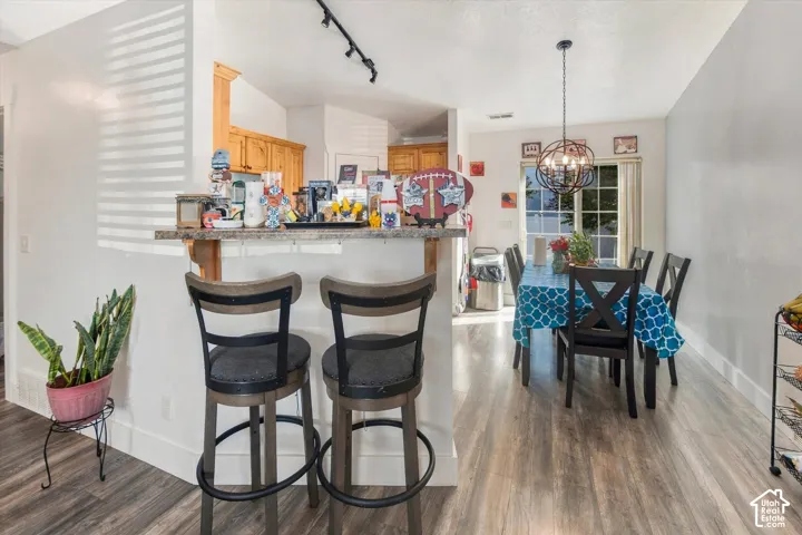 Wood-finish flooring, breakfast bar with stone-look countertop, light wood cabinetry, track lighting, and a dining area with a circular pendant light