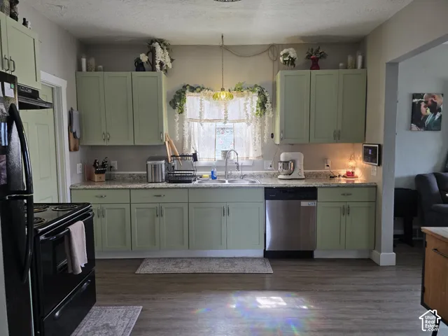 Kitchen featuring sage green cabinetry, a stainless steel dishwasher, light-toned countertops, wood-finish flooring, and a window with natural light