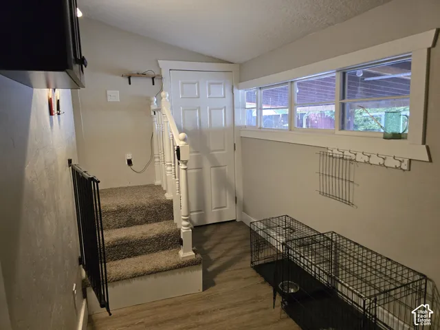 Wood-finish flooring, carpeted stairs, and white paneled door