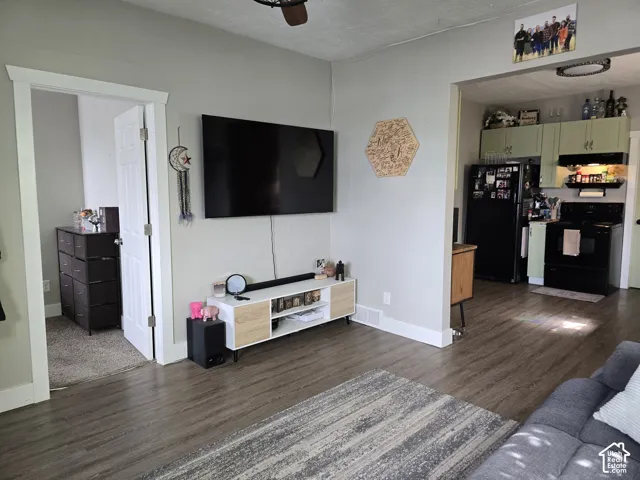 Wood-finish flooring throughout, with a recessed kitchen featuring light green upper cabinetry and black appliances