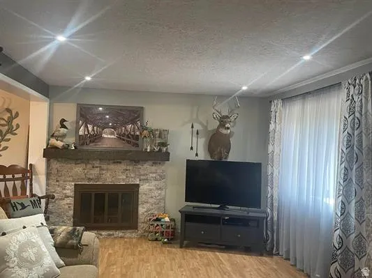 Recessed ceiling lighting, stone-clad fireplace with wood mantel, built-in fireplace screen, wood-finish flooring, and window with sheer and patterned drapes