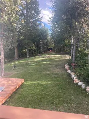 Expansive grass yard with mature trees, a wooden deck, and a stone-lined garden bed