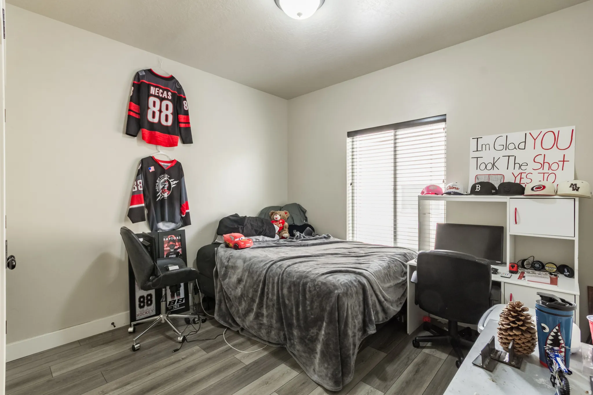 Wood-finish flooring, white painted walls, single overhead light fixture, window with blinds
