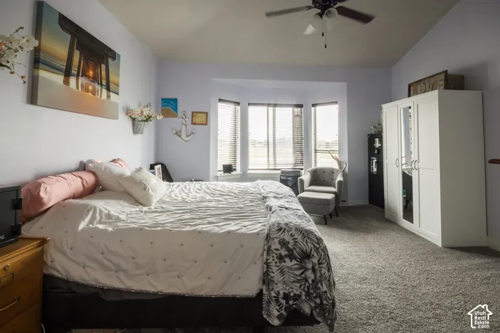 Plush carpet flooring, ceiling fan light fixture, and a bay window with blinds