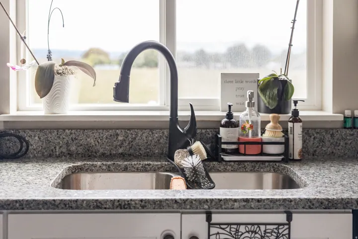 Stainless steel double-basin sink with a matte black gooseneck faucet