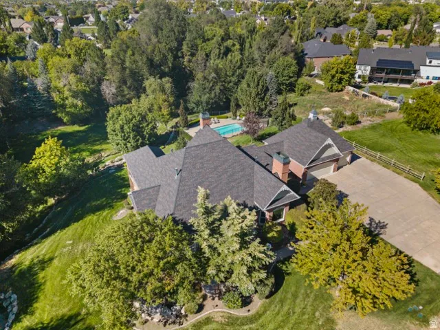 Expansive lot featuring mature trees, a swimming pool, and a large paved driveway