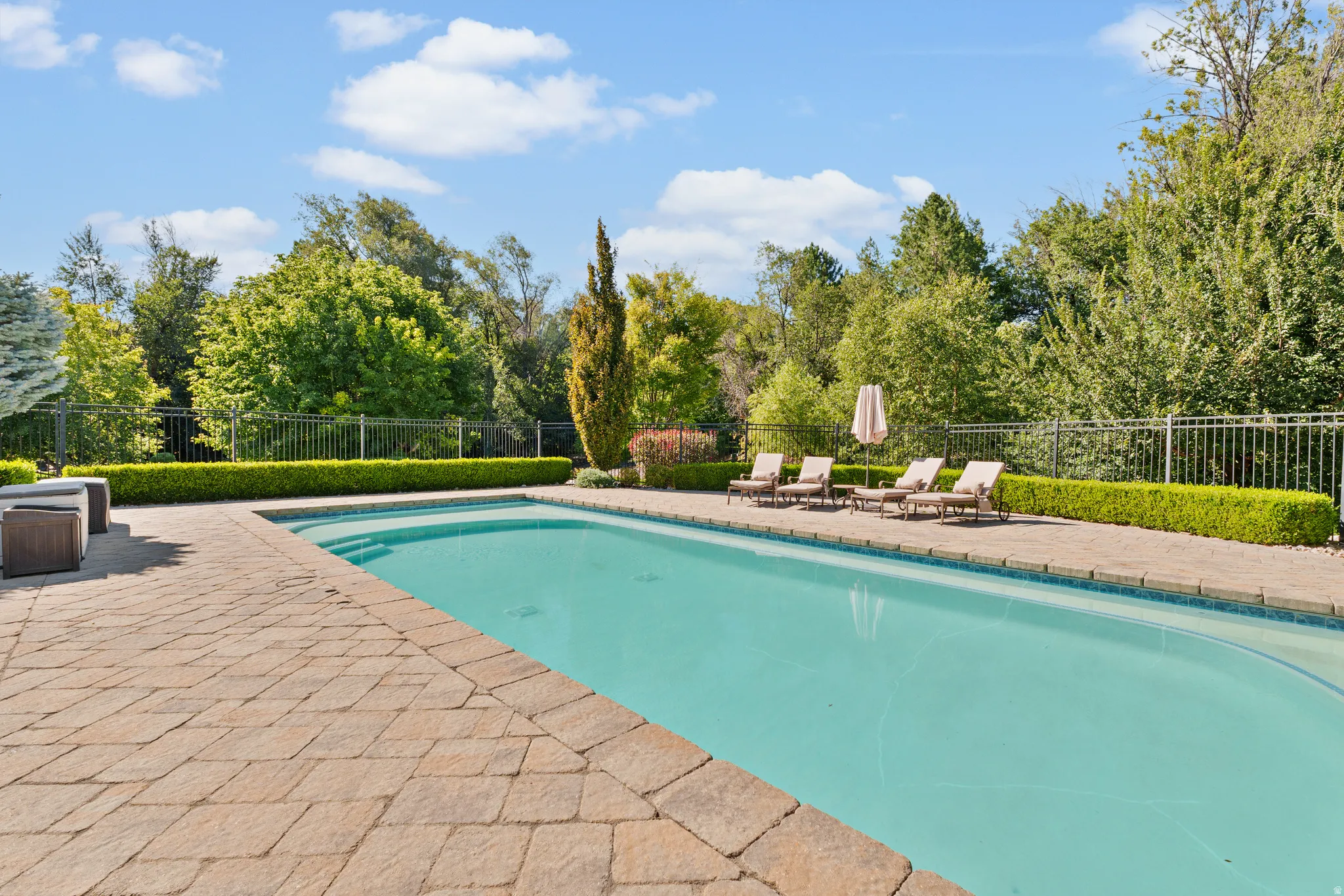 Outdoor swimming pool with integrated steps, surrounded by paver patio, manicured hedges, and mature trees