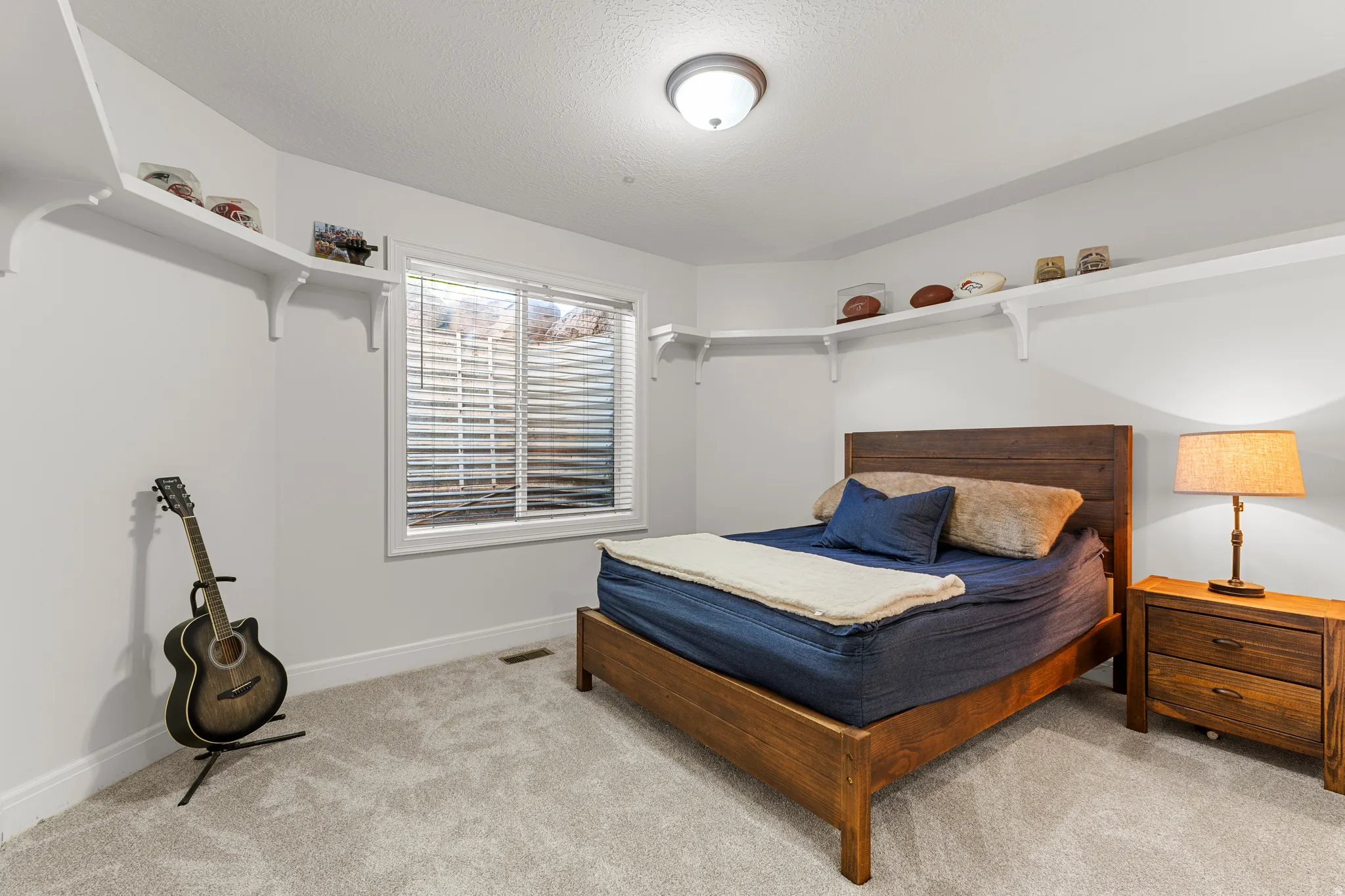 Neutral wall paint, plush carpet flooring, recessed window with blinds, built-in wall shelving, and a ceiling-mounted light fixture