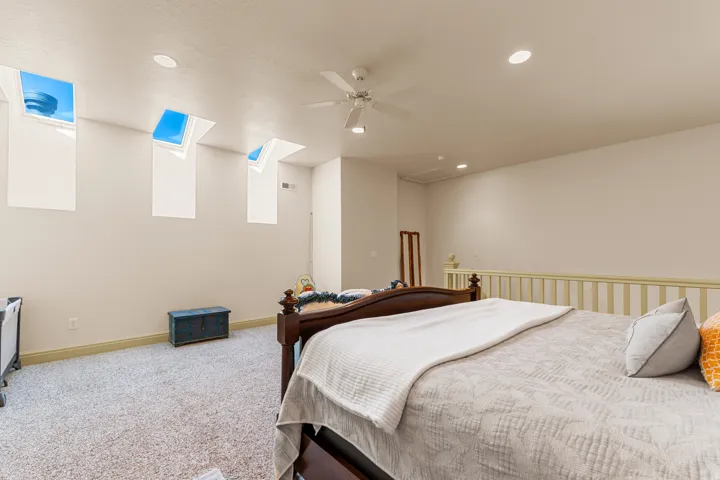 Recessed lighting, three skylights, ceiling fan, and carpeted flooring