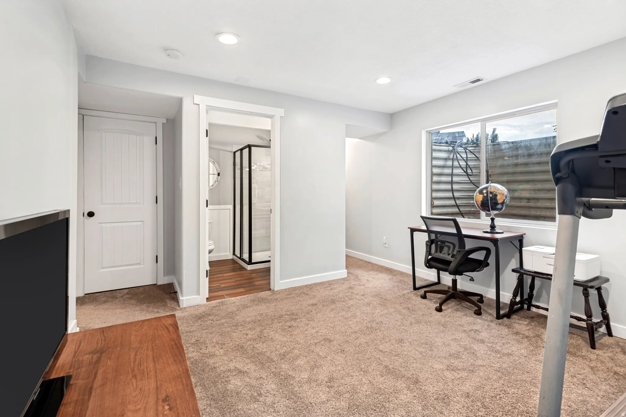 Recessed lighting, light-toned carpeting, wood-finish flooring, white paneled doors, and a transparent shower enclosure with a dark frame