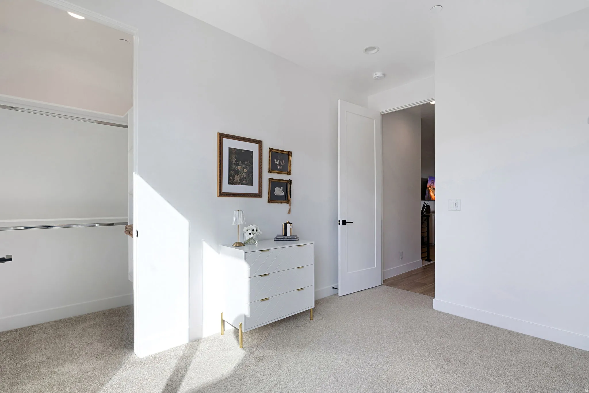 Recessed lighting, carpeted flooring, white walls, and a sliding closet door with a chrome hanging rod