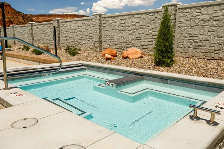 Structured pool with integrated steps, stainless steel handrails, and surrounding concrete decking