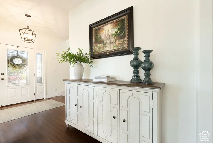 Entryway featuring dark wood-finish flooring, a decorative front door with frosted glass, and a coordinating sidelight