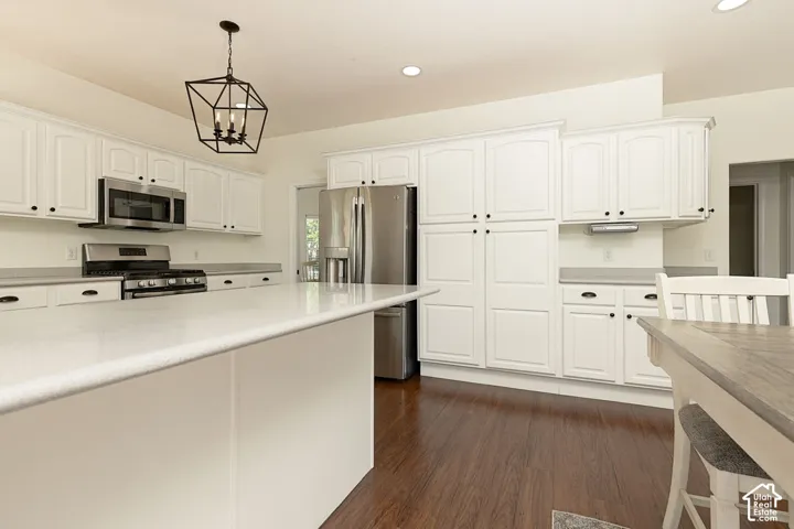 White cabinetry with black hardware, stainless steel appliances, extensive countertop space, wood-finish flooring, and a contemporary light fixture