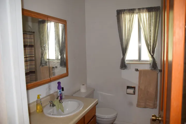 Vanity with integrated sink, wood-finish medicine cabinet, and window with natural light