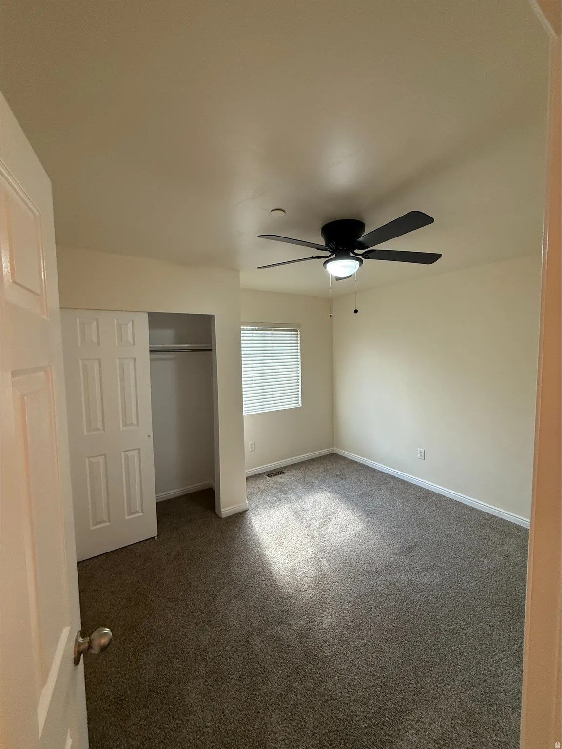 Plush carpeting, a built-in closet with sliding doors, and a window with blinds