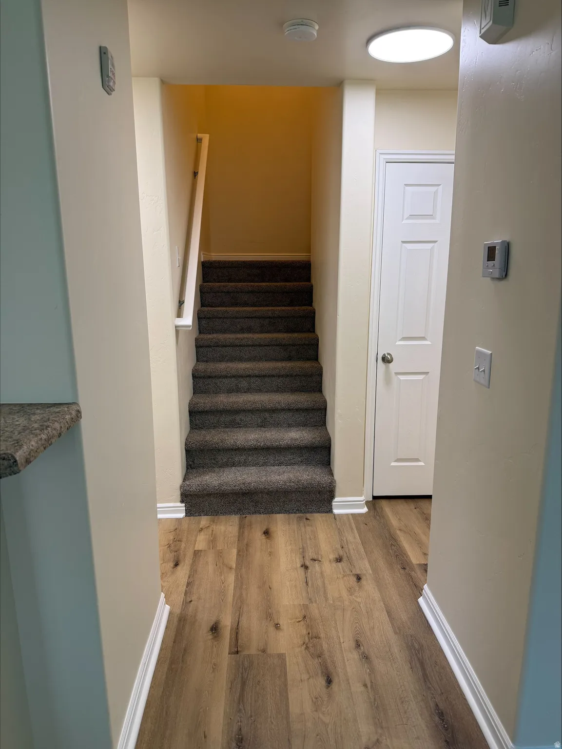Wood-finish flooring, carpeted staircase with white railing, white panel door, and recessed ceiling light