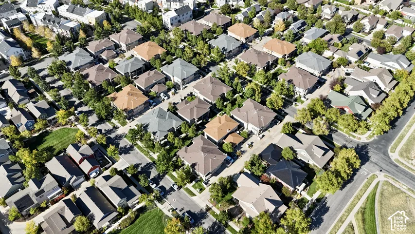Aerial perspective showcasing a residential neighborhood with varied architectural styles