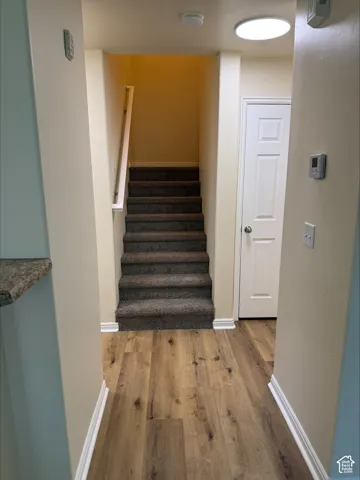 Wood-finish flooring, carpeted staircase with white railing, white panel door, and recessed ceiling light