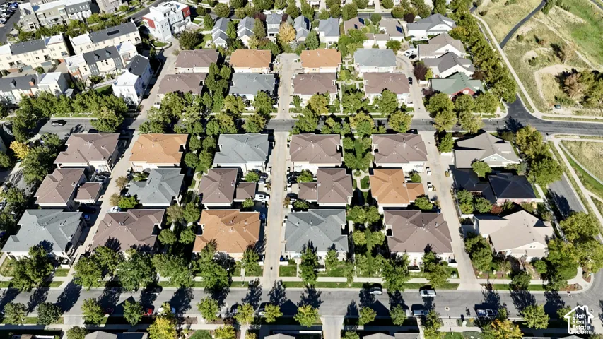 Residential development with varied architectural styles and mature street trees
