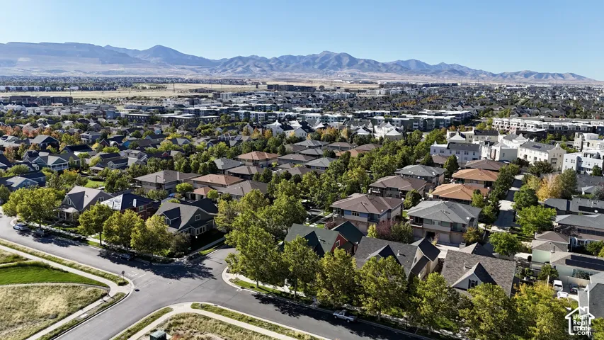 Residential neighborhood featuring varied architectural styles and mature trees, set against a backdrop of distant mountains
