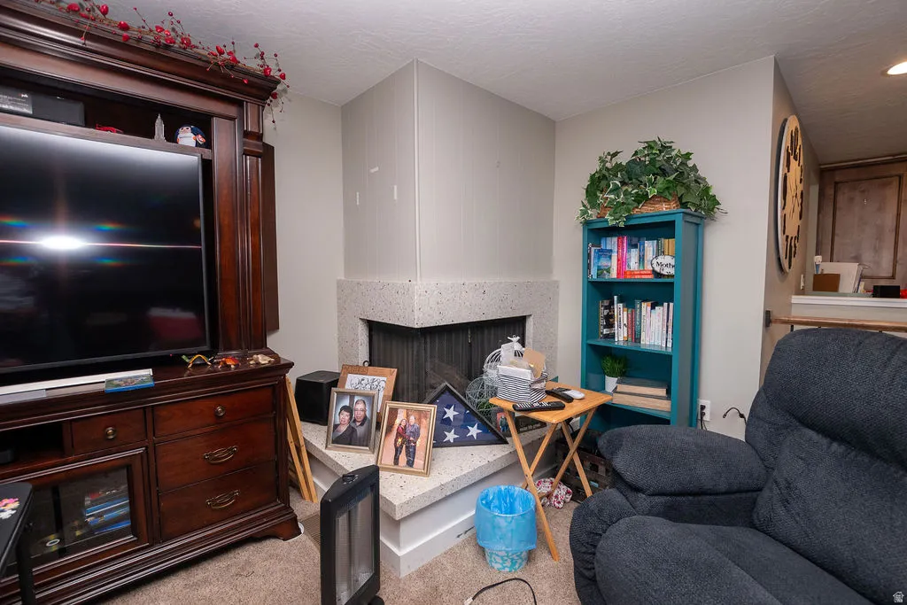 Corner fireplace featuring a light-toned hearth and mantel
