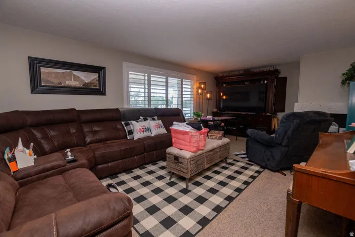 Living space featuring textured carpeting, window shutters, and a media console