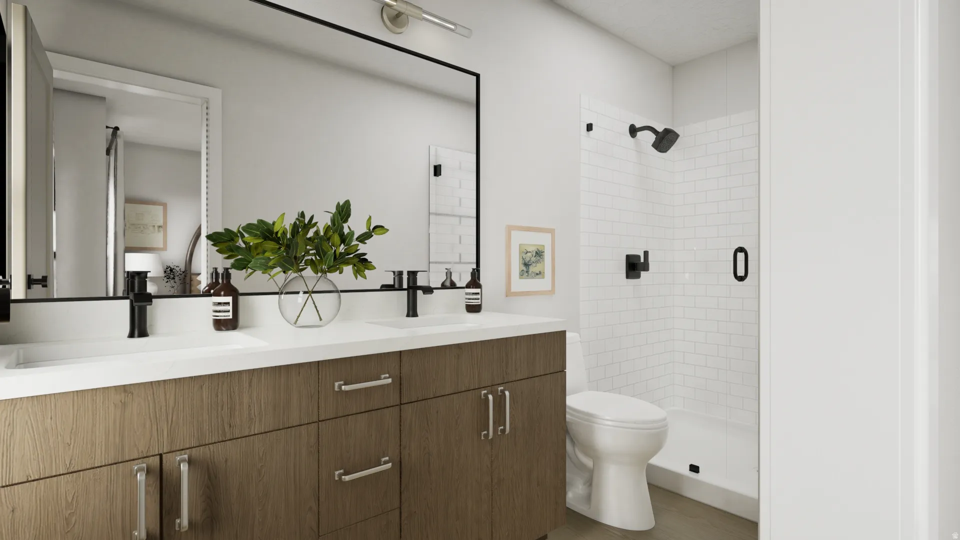 Dual vanity with wood-finish cabinetry and white countertops