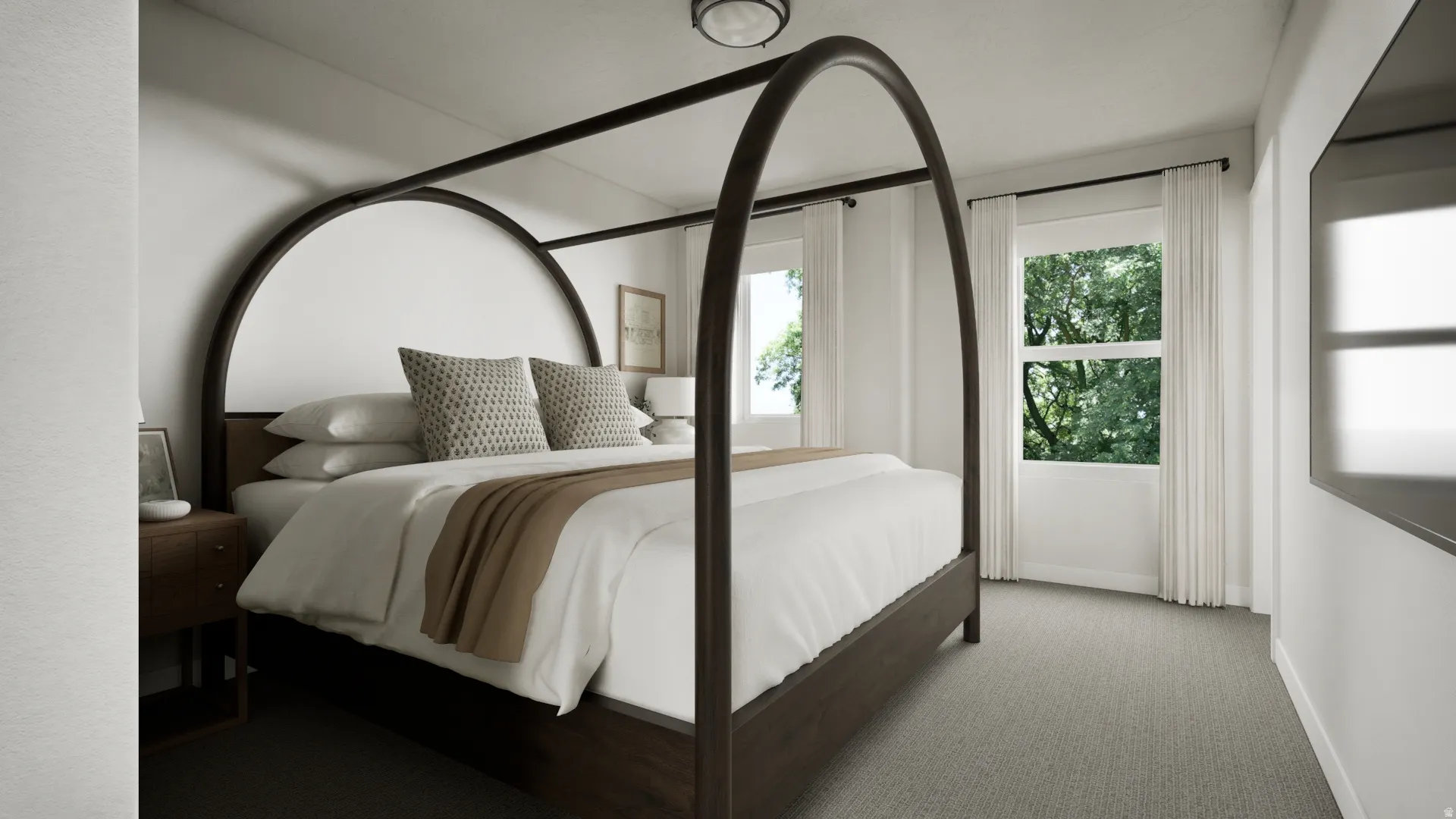 Wall-mounted display, recessed ceiling lighting, light-toned carpeting, and multiple windows