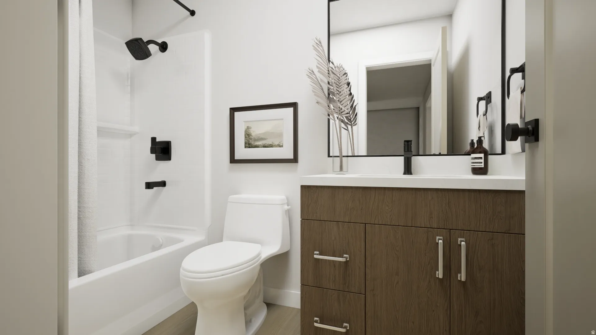 Wood-finish vanity with a white countertop and rectangular sink