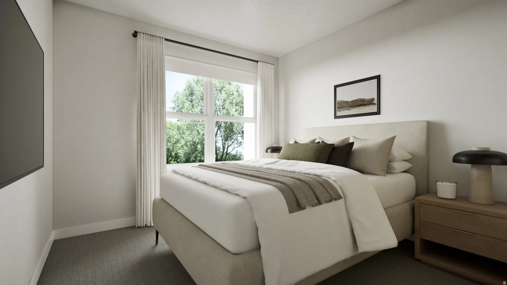 Large window with white frame, neutral wall color, dark carpet, and a wall-mounted flat panel
