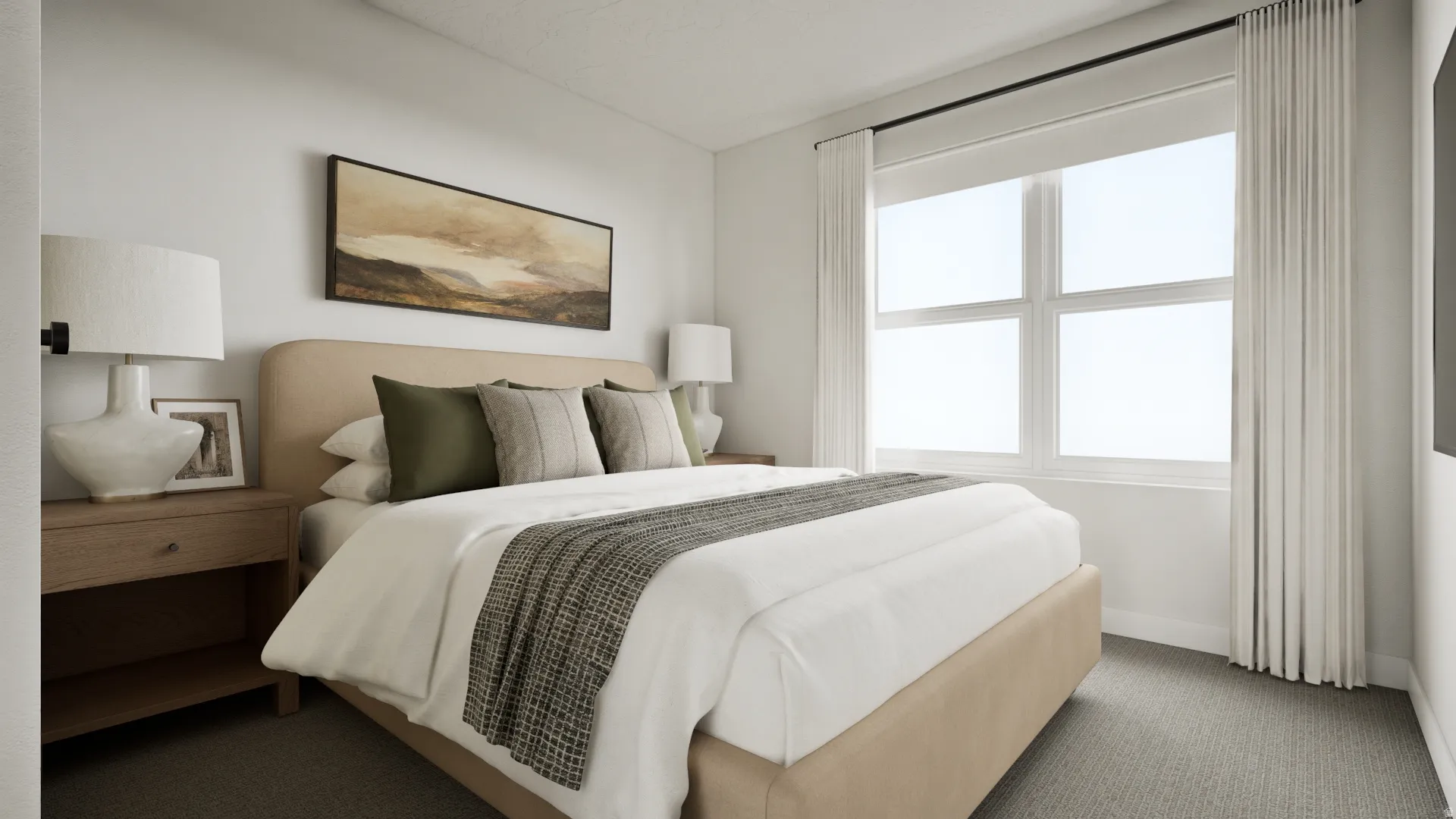 Carpeted flooring paired with a large window featuring white roller shades and drapes
