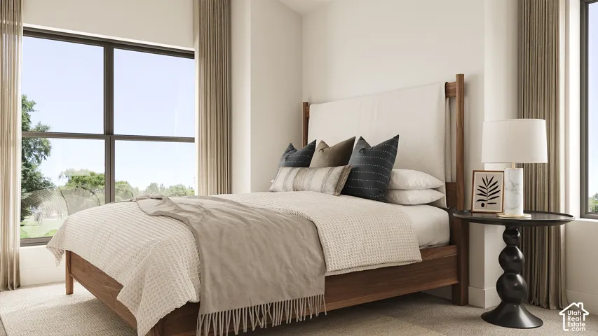 Expansive window with dark framing, neutral wall tones, full-height window drapery, and carpeted flooring