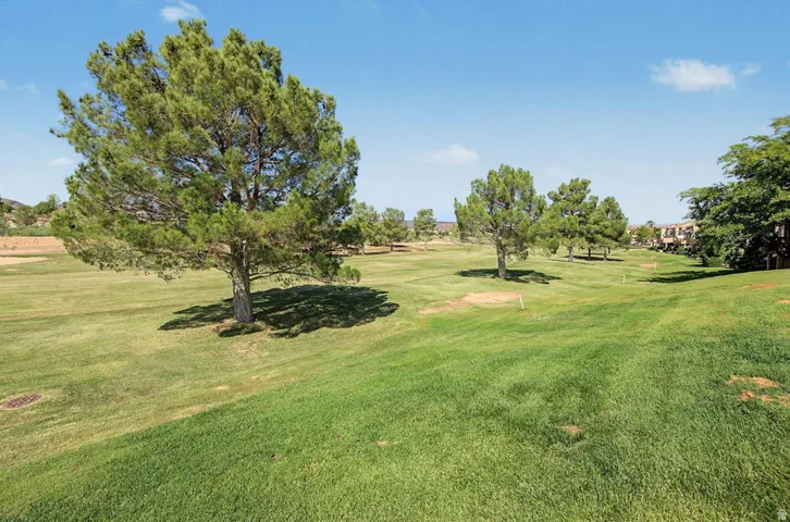 Expansive green space featuring scattered mature trees and distant residential structures