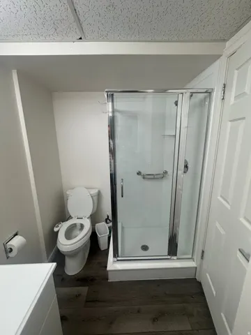 Walk-in shower with clear glass enclosure and grab bar