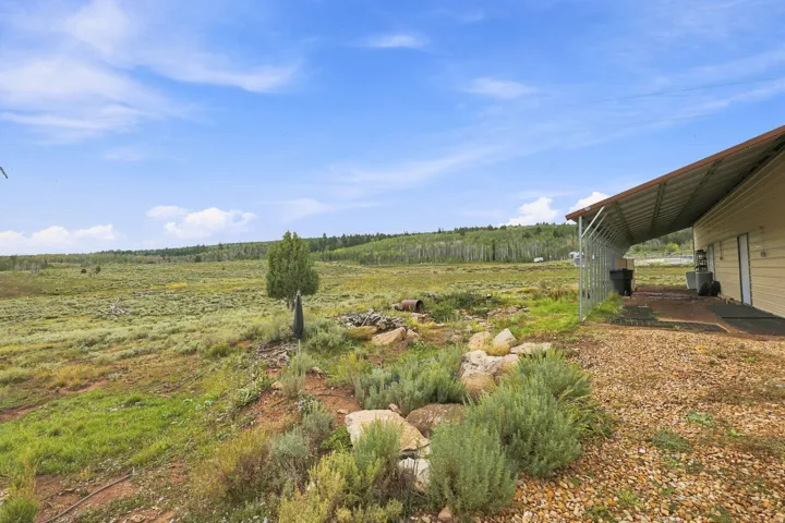 Expansive natural landscape with distant tree lines, gravel hardscaping, and a covered patio structure