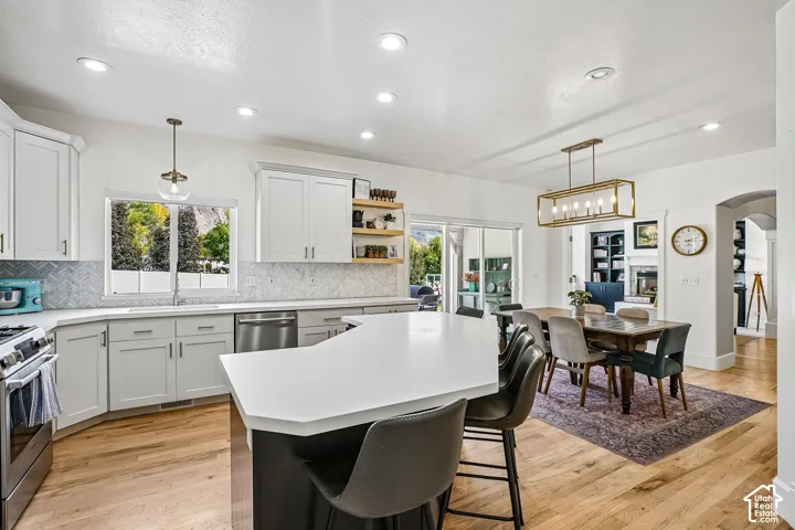 Kitchen with white shaker cabinetry, stainless steel appliances, a large island with seating, and wood-finish flooring