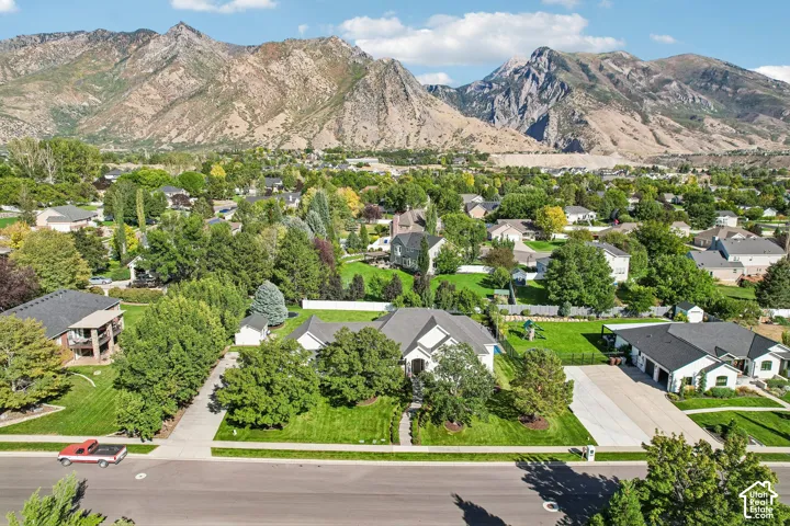 Single-story residence with a dark roof and white exterior, featuring a mature landscaped front yard and an expansive paved driveway