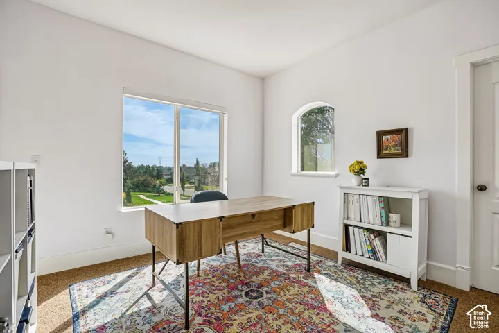 Bright interior space featuring a large picture window, an arched window, and a built-in white shelving unit
