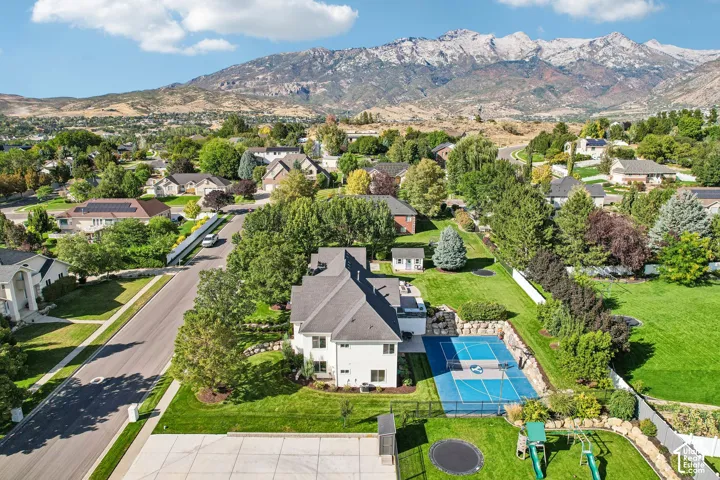 Expansive backyard featuring a full-size sports court, mature landscaping, storage shed, and a trampoline