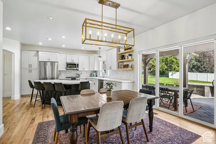 Expansive kitchen featuring white cabinetry, a large island with seating, stainless steel appliances, wood-finish flooring, and sliding glass doors to a covered patio