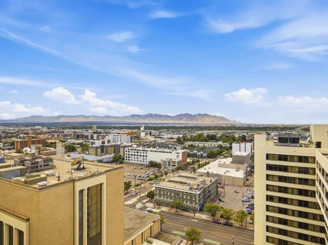 Expansive urban panorama with distant mountain range