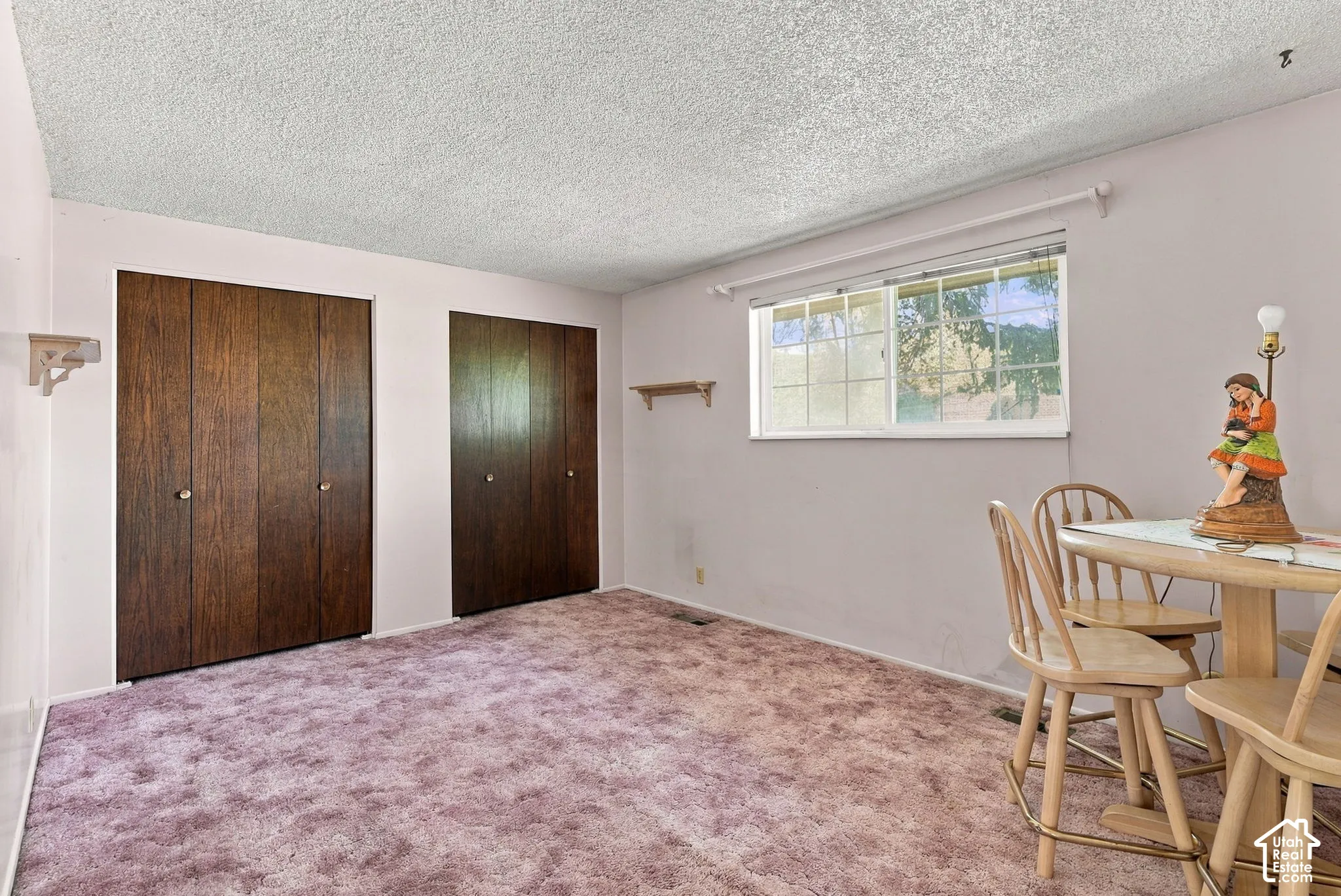 Dual wood-finish closet doors, light-toned wall paint, and a window with natural light