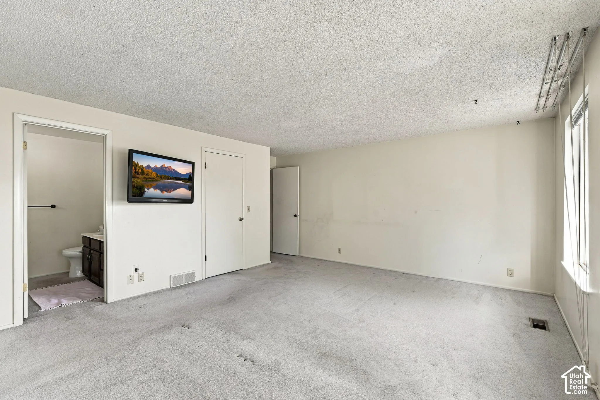 Carpeted room with a textured ceiling, featuring a window and a separate room with a toilet and vanity