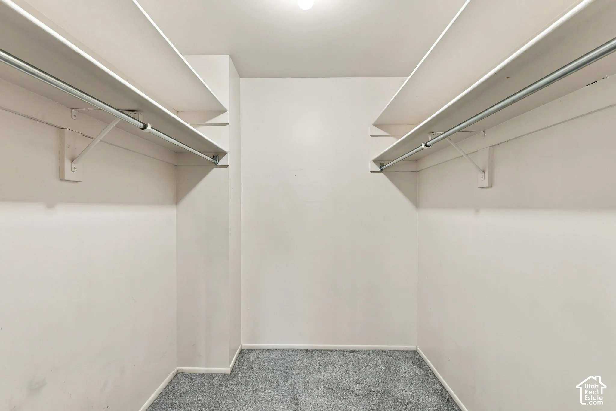 Recessed ceiling light, carpeted flooring, and built-in shelving with hanging rods