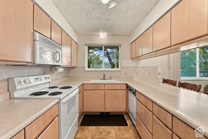 Galley kitchen featuring light wood-finish cabinetry, a white electric range, and a built-in microwave