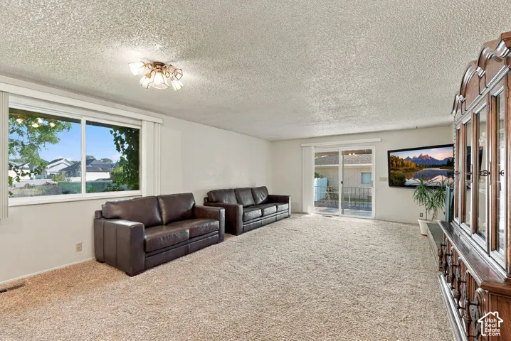 Spacious recreation room featuring neutral carpeting, recessed ceiling lighting, and expansive windows with natural light