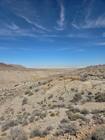 Expansive desert landscape featuring arid vegetation, rolling hills, and a distant flat expanse under a clear sky